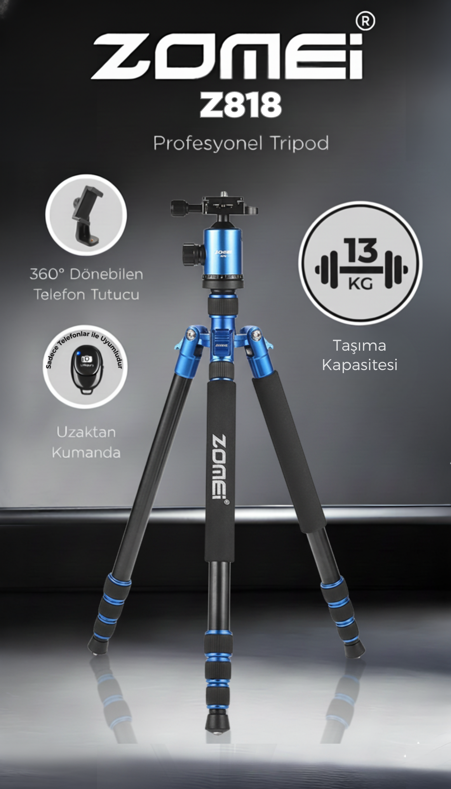 Z818 Magnezyum-Alüminyum Alaşımlı Tripod/Monopod- Telefon Tutucu
