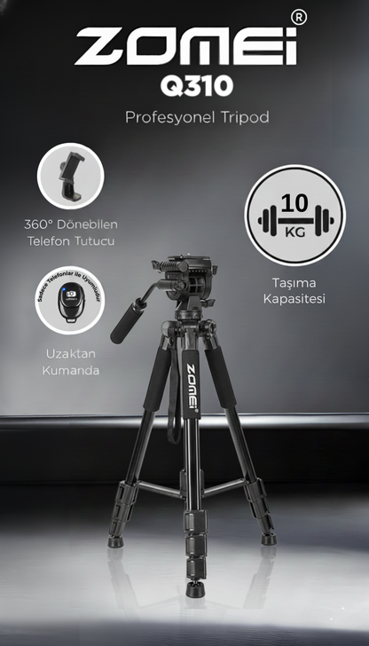 Q310 Alüminyum Alaşımlı Profesyonel Tripod&monpod-10 kg Taşıma Kapasitesi-Kumanda ve Telefon Tutucu