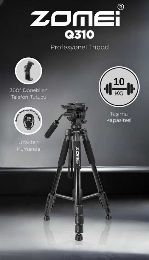 Q310 Alüminyum Alaşımlı Profesyonel Tripod&monpod-10 kg Taşıma Kapasitesi-Kumanda ve Telefon Tutucu