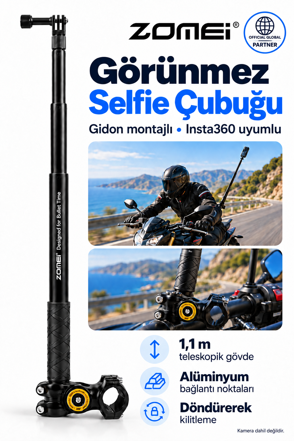Zomei Insta 360 Tüm Modeller İle Uyumlu Görünmez Selfie Çubuğu- Alüminyum Bağlantı Noktaları