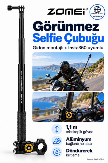 Zomei Insta 360 Tüm Modeller İle Uyumlu Görünmez Selfie Çubuğu- Alüminyum Bağlantı Noktaları