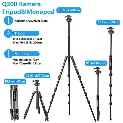 Zomei Q200 2'si Bir Arada Alüminyum Tripod-Monopod