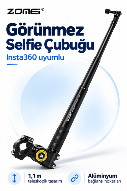 Zomei Insta 360 Tüm Modeller İle Uyumlu Görünmez Selfie Çubuğu- Alüminyum Bağlantı Noktaları
