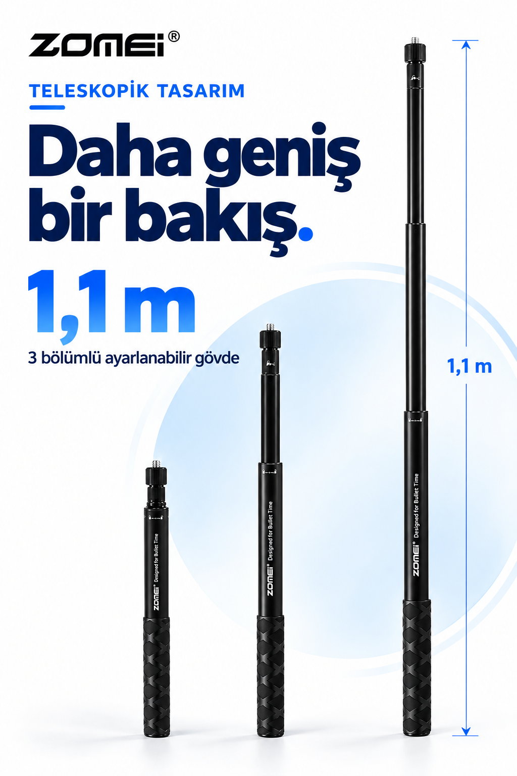 Zomei Insta 360 Tüm Modeller İle Uyumlu Görünmez Selfie Çubuğu- Alüminyum Bağlantı Noktaları