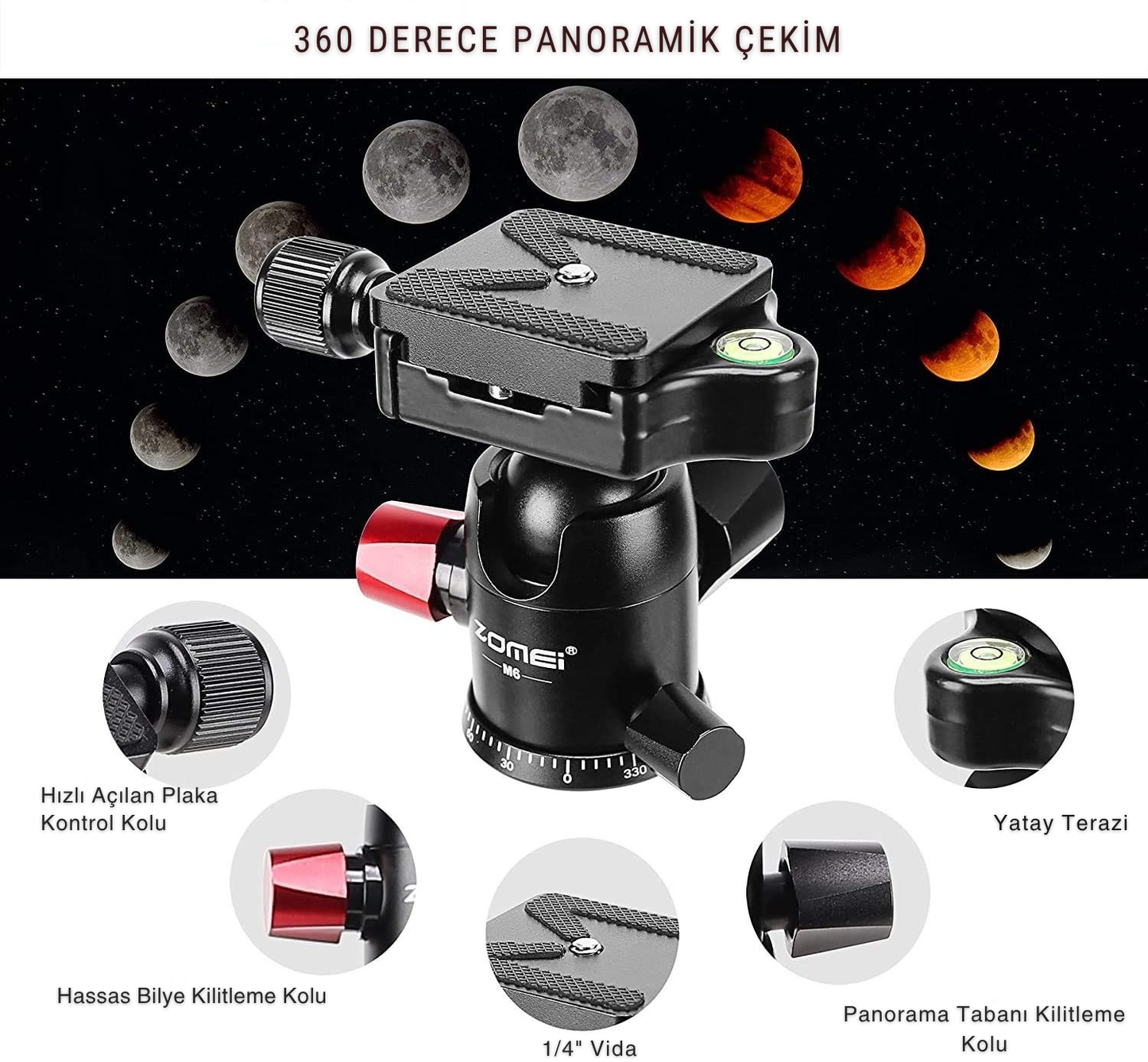 Zomei M6 Profesyonel Alüminyum Alaşım 161cm Çantalı DSLR Tripod 12kg Taşıma Kapasiteli