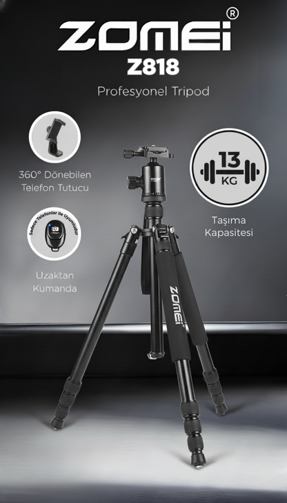 Z818 Magnezyum-Alüminyum Alaşımlı Tripod/Monopod- Telefon Tutucu-Çanta ve Bluetooth Kumanda İle