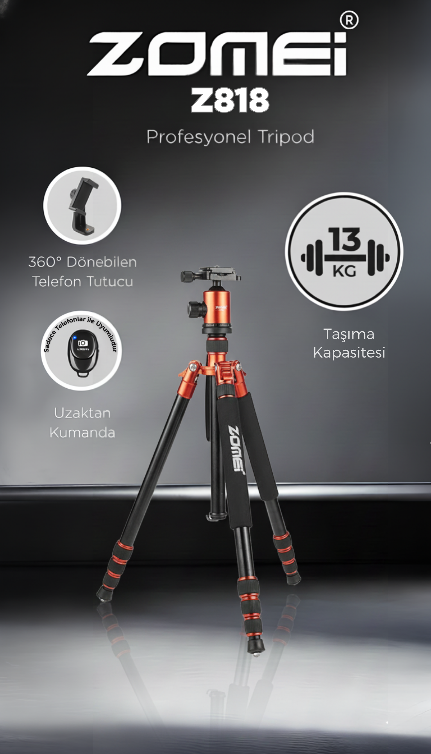 Z818 Magnezyum-Alüminyum Alaşımlı Tripod/Monopod- Telefon Tutucu