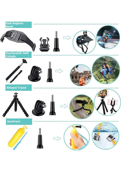 Zomei Tüm Aksiyon Kameraları ile Uyumlu Full Aksesuar Seti- 25 Farklı Ürün/Eksiksiz Set