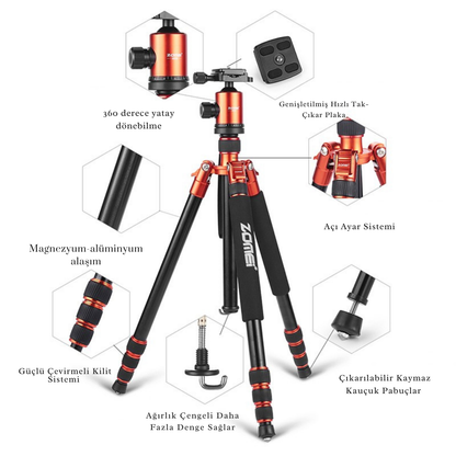Z818 Magnezyum-Alüminyum Alaşımlı Tripod/Monopod- Telefon Tutucu-Çanta ve Bluetooth Kumanda İle
