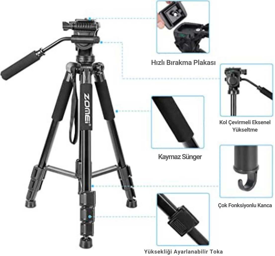 Q310 Alüminyum Alaşımlı Profesyonel Tripod&monpod-10 kg Taşıma Kapasitesi-Kumanda ve Telefon Tutucu