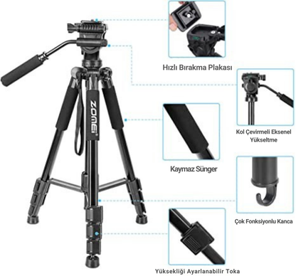 Q310 Alüminyum Alaşımlı Profesyonel Tripod&monpod-10 kg Taşıma Kapasitesi-Kumanda ve Telefon Tutucu