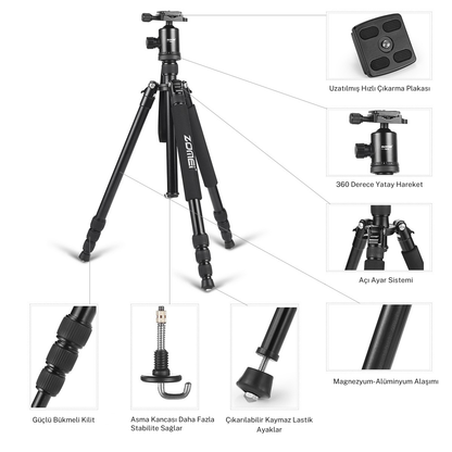 Z818 Magnezyum-Alüminyum Alaşımlı Tripod/Monopod- Telefon Tutucu-Çanta ve Bluetooth Kumanda İle