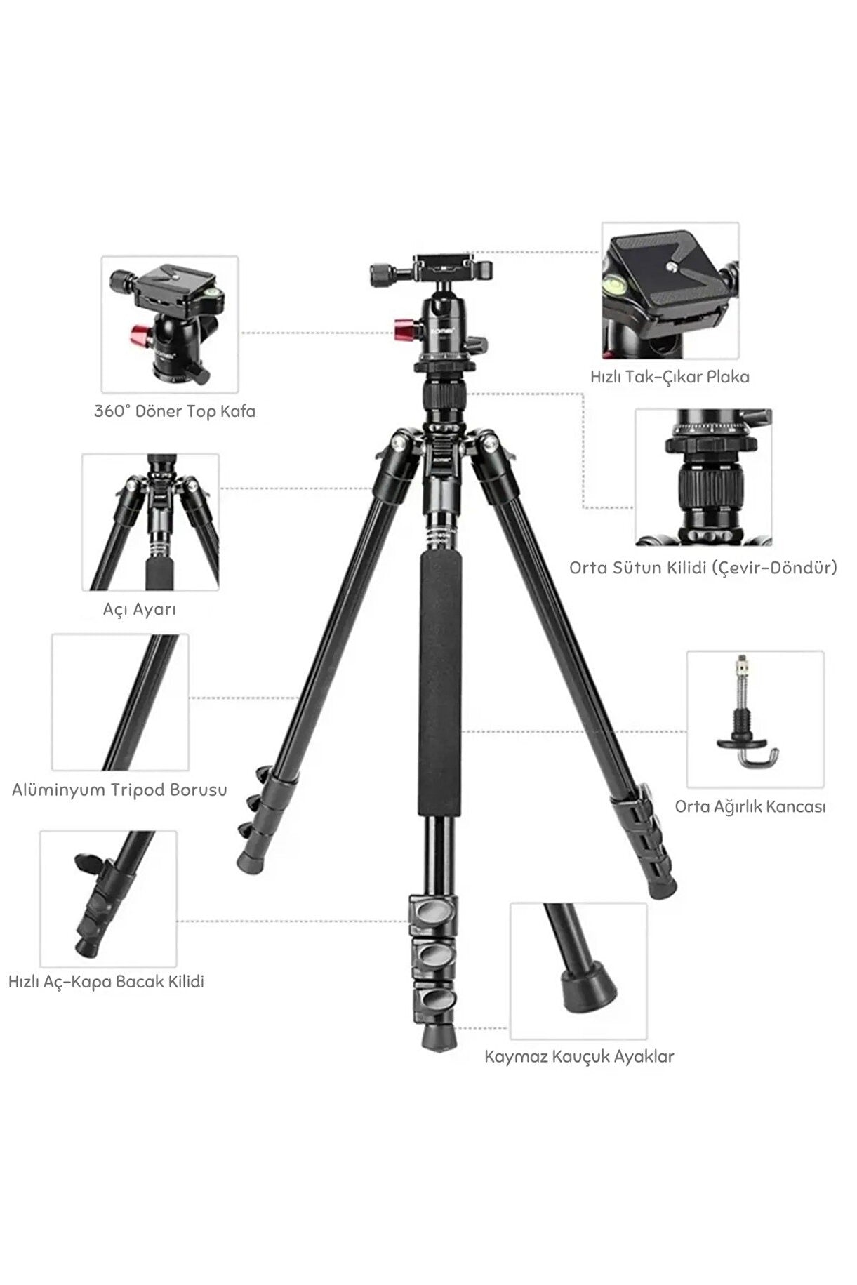 Zomei M6 Profesyonel Alüminyum Alaşım 161cm Çantalı DSLR Tripod 12kg Taşıma Kapasiteli