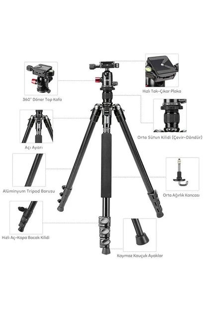 Zomei M6 Profesyonel Alüminyum Alaşım 161cm Çantalı DSLR Tripod 12kg Taşıma Kapasiteli